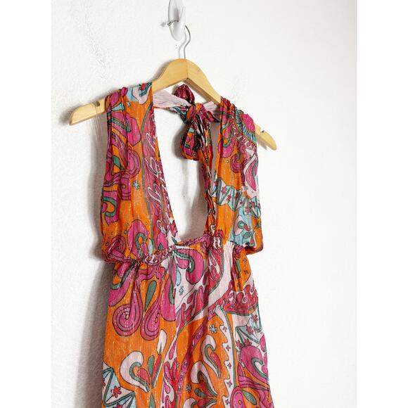 Sundress Amina Dress Size Large Fuchsia orange Print Halter Neck Asymmetric Hem - Picture 7 of 14